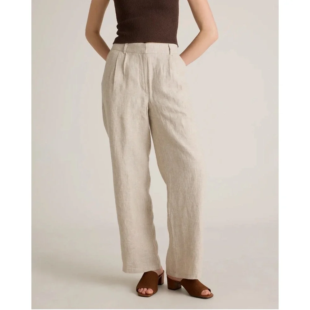 Quince 100% European Linen Pleated Trouser Wide Leg‎ Pants Beige NWT Womens 14